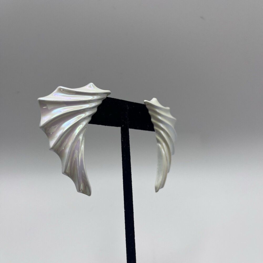 Vintage 1980s Iridescent Statement White Iridescent Wing Retro Earrings Costume